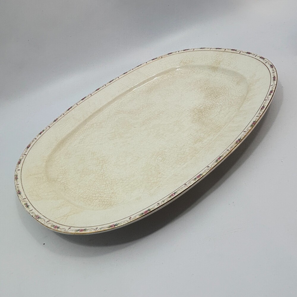 Large Ceramic Serving Platter with Floral Border and Vintage Crazing